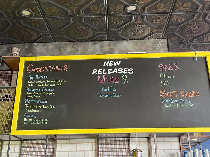 I also noticed the "new releases" listed on the blackboard behind the bar. "The Matrix," "Pretty Woman," and "Avatar" were some of the cocktail options and ranged in price from $15 to $17.