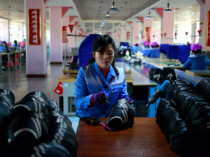 At the Ryuwon Shoe Factory, Kim Kyong Hui said "the respected leader Kim Jong Un has instructed us to closely study shoes from all over the world and learn from their example."