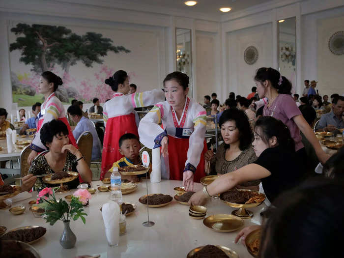 Workers at Ongnyugwan, a popular noodle restaurant in Pyongyang, claim to serve 10,000 lunches a day. The restaurant was built in 1960 at the request of the late leader Kim Il Sung.