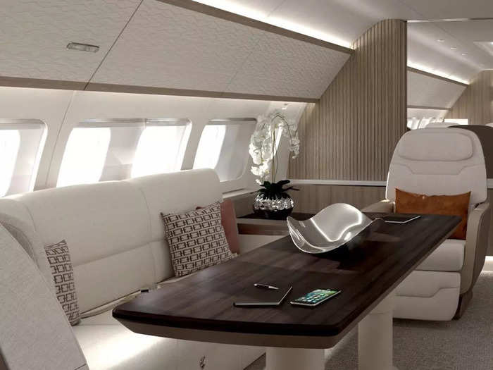 Complete with several living areas, the layout is focused on privacy, luxury, and flexibility, allowing the owner to use the jet for family trips or group charters, per the company.