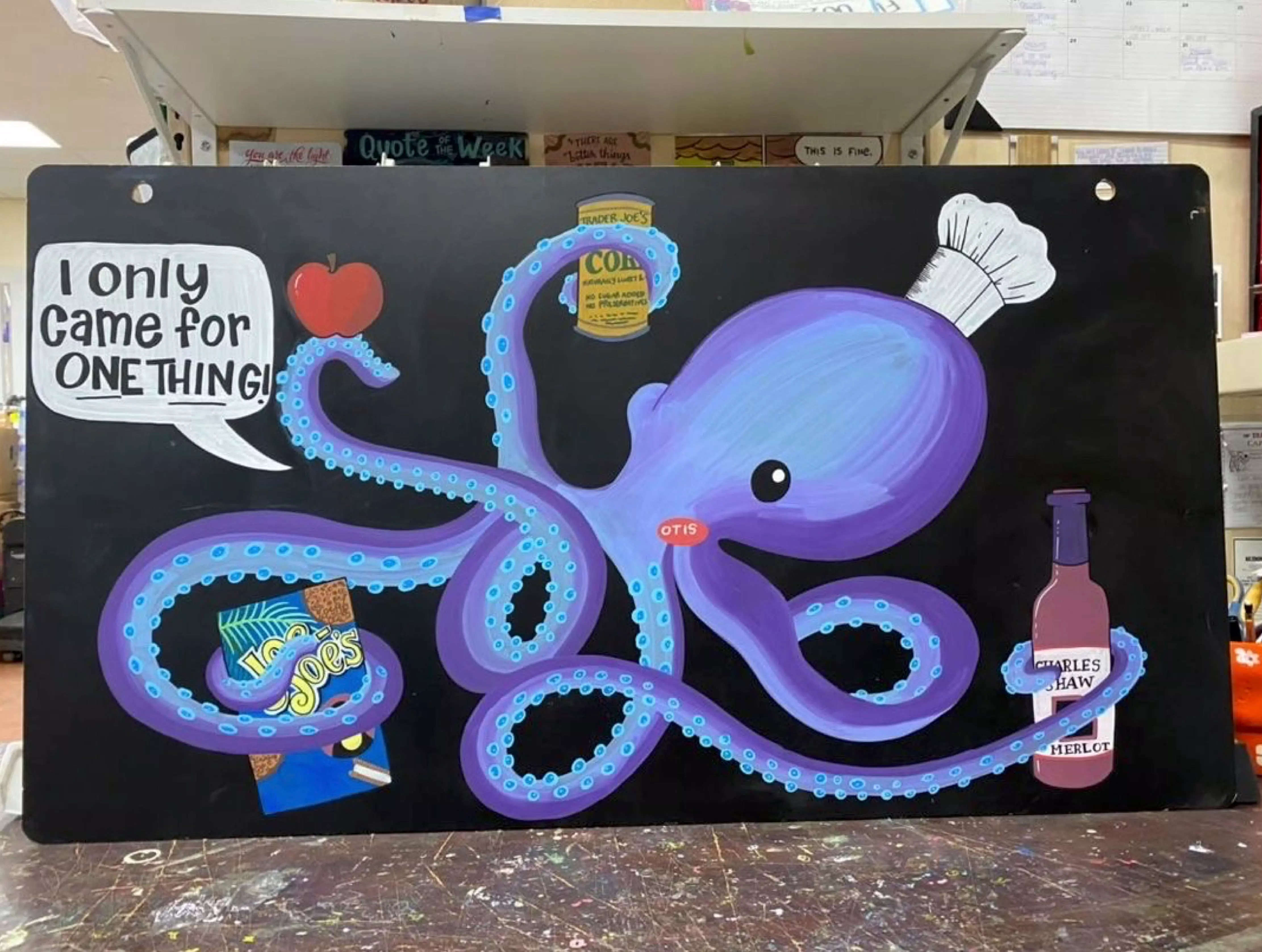 A cartoon octopus buying items.