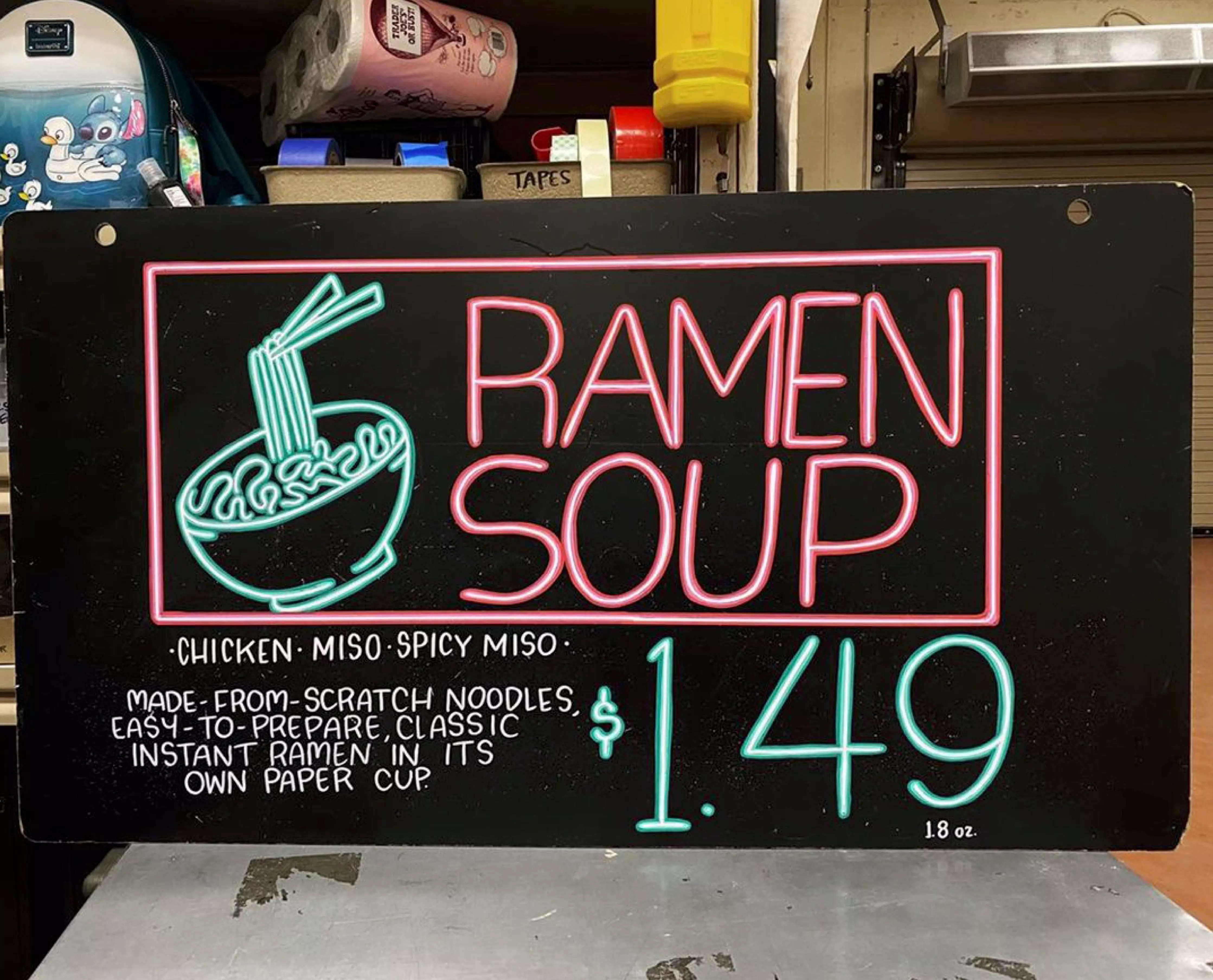 A ramen soup advertisement board.