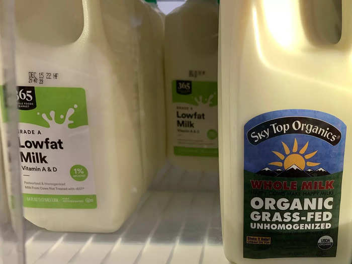 A half gallon of store-brand milk was slightly more affordable at Whole Foods, priced at $4.49 for a savings of 35 cents.