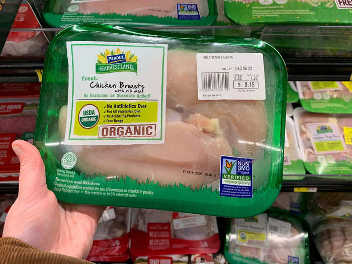 Boneless, skinless chicken breasts were $6.68 per pound at Walmart, much less than the $9.99 price at Whole Foods.