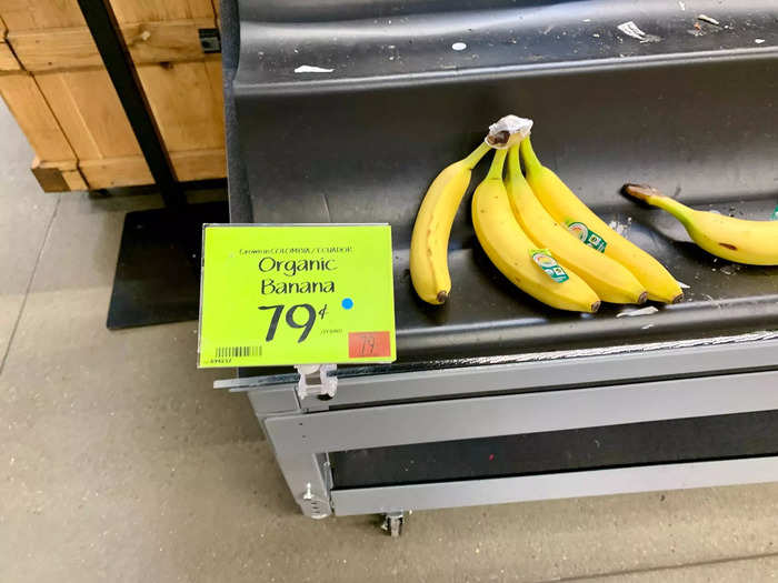 Bananas are a bit pricier at Whole Foods, at 79 cents per pound, versus 62 cents per pound at Walmart.