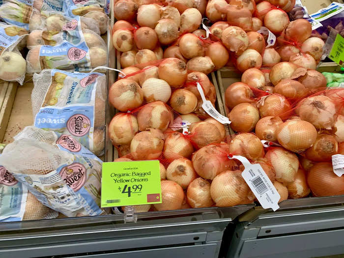 Yellow onions were priced closely at both stores, at $1.42 per pound at Walmart and $1.66 per pound at Whole Foods.