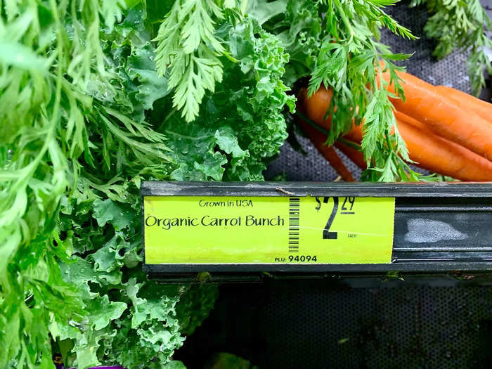 Walmart won the lower price on carrots at $1.96 per bunch, though Whole Foods wasn