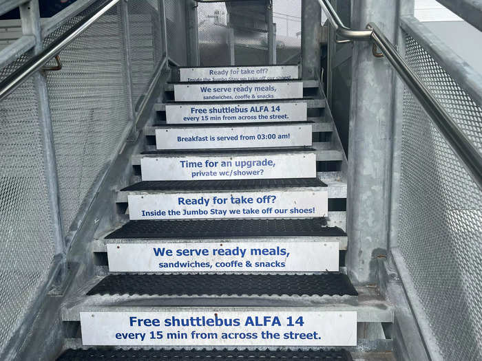 I liked the information painted on the stairs, like what time breakfast starts and which bus to take to the airport.