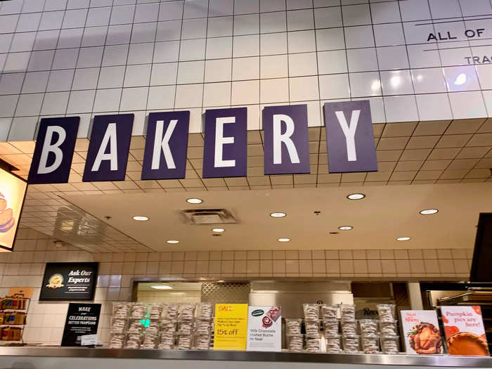 Next to the cheese counter, there was a bakery with breads, bagels, and cakes.