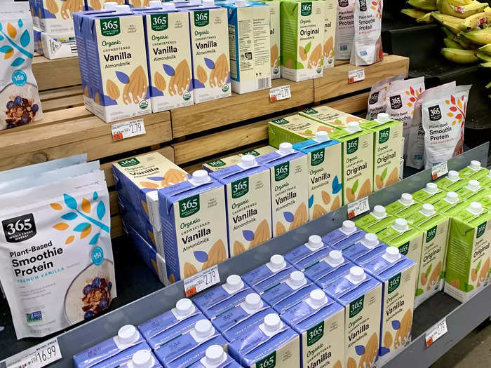 Whole Foods is clearly catering to customers looking for alternatives to meat, dairy, and other popular mainstream products with large displays of plant milk and alternative meats.