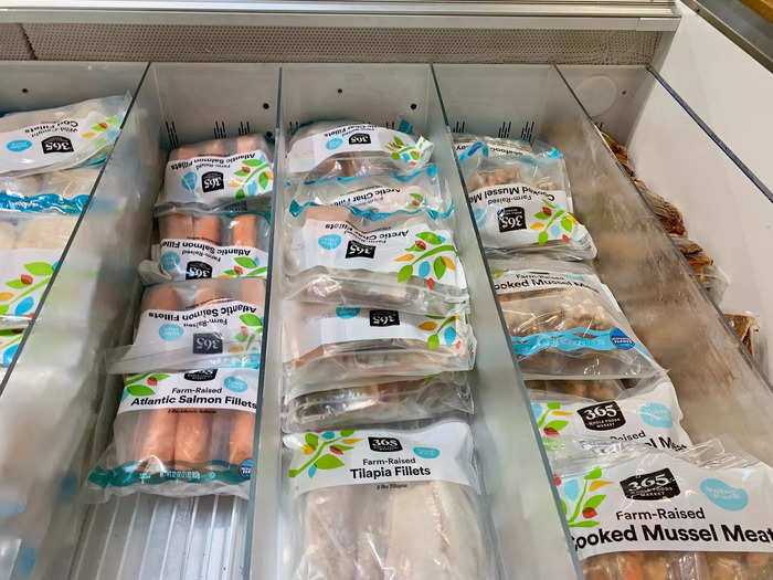 A freezer next to the counter had less expensive fish and mussels in the private label 365 brands, making seafood one area where Whole Foods beats Wegmans on selection.