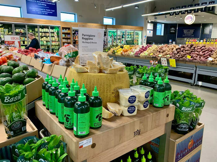 Whole Foods had Italian food-themed displays posted around the store similar to end caps at Wegmans, although the ones at Whole Foods seemed to be placed less thoughtfully, like cheese and olive oil next to produce.