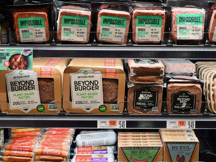 Beyond Meat produces plant-based meat alternatives using ingredients like beans and wheat proteins without the added hormones and GMOs that traditional animal meat contains.