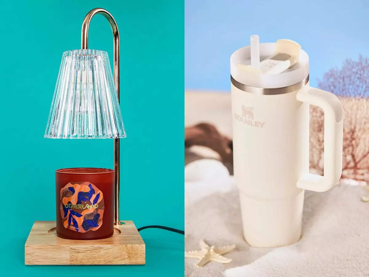collage of a Luzdiosa Candle Warmer Lamp against a teal background and a Stanley 30 oz. Quencher H2.0 FlowState Tumbler as two of the best TikTok gift ideas