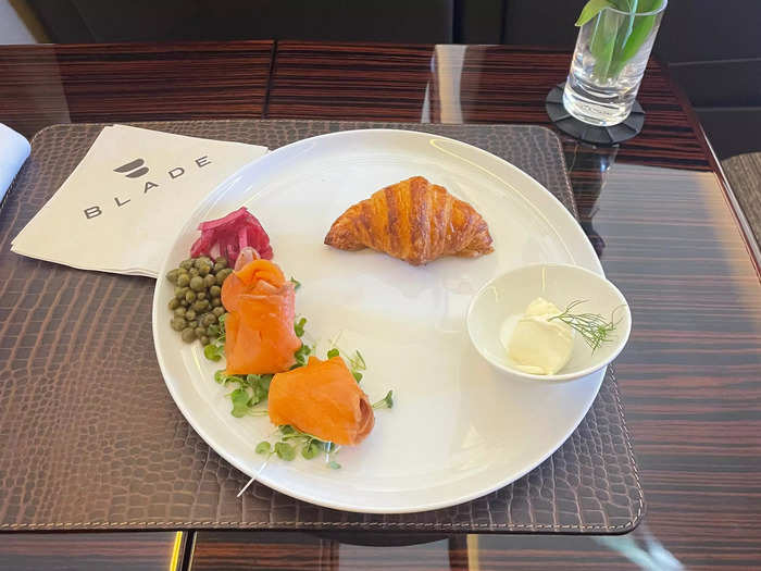 For the main course, we were given the choice of a bagel or croissant with cream cheese and lox. Everything was chilled and tasted super fresh.