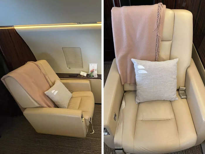 The plush leather seat could recline and swivel. As someone who is constantly cold on flights, the cashmere blanket had to be one of my favorite perks.