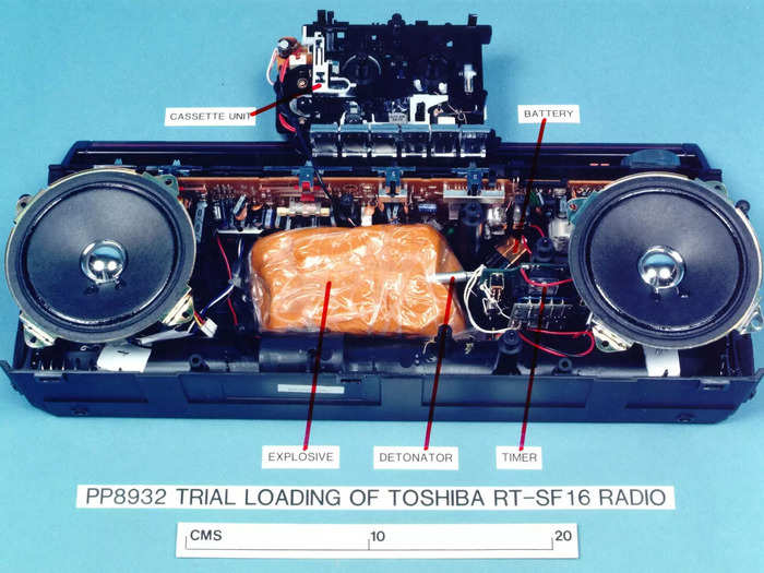 Among the evidence presented at the trial was a replica of the suitcase that held a Toshiba cassette recorder, which contained a plastic explosive that led to the destruction of the Boeing 747.