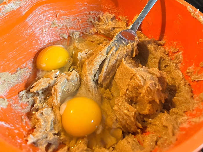 The next step was to add the spices — cinnamon, ground cloves, pepper, ginger, and salt — plus the two eggs. It was starting to smell amazing in my kitchen.