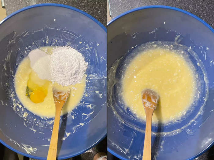 Then it was time to add the egg, vanilla, and both types of sugar into the mix.