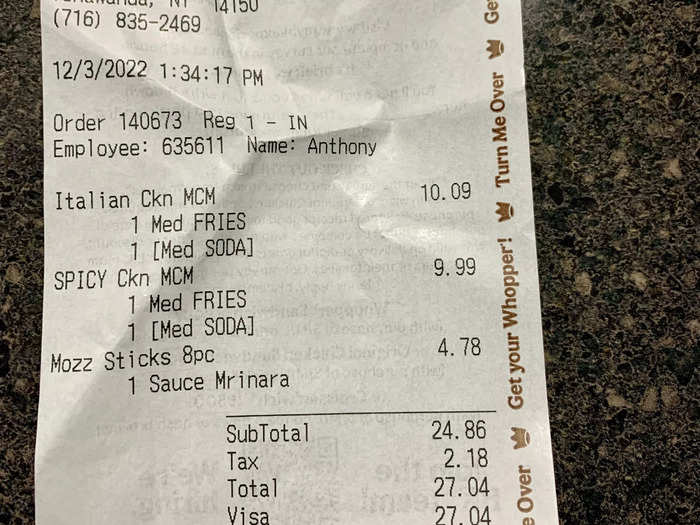 I paid $10.09 for a meal with fries and a drink, but the sandwich sells by itself for $5.89 in Rochester, New York.