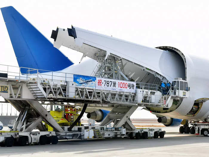 The jet is one of the biggest cargo planes in the world due to its oversized fuselage and was designed to transport 787 parts — like the wings — between global assembly lines.