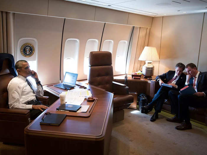 Having carried presidents like George H.W. Bush and Barack Obama, the plane can refuel midair and is considered a flying Oval Office with myriad office and conference space, as well as staterooms.