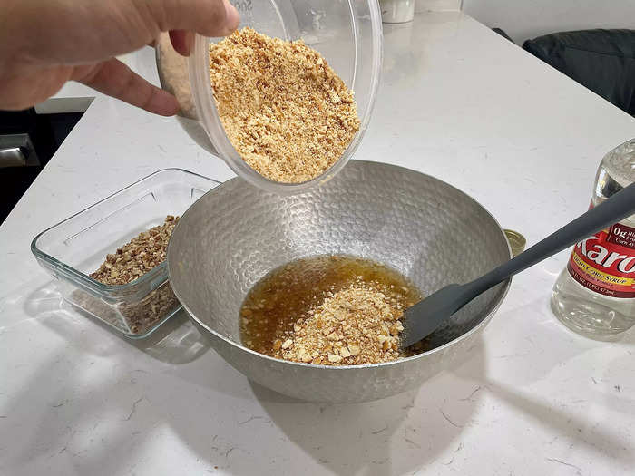 Add the crushed wafers into the large bowl with the liquids.