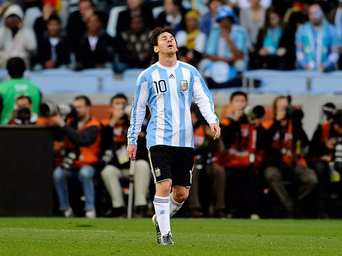 2010: Messi and Argentina struggled at the 2010 World Cup in South Africa, where La Albiceleste bowed out with a blowout loss to Germany in the quarterfinals