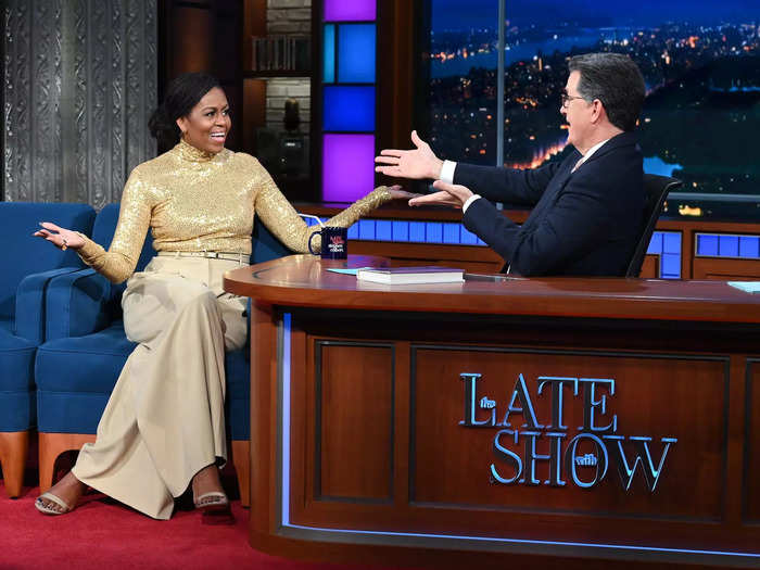 She then made an appearance on "The Late Show with Stephen Colbert" in a festive gold outfit that would be perfect for the holidays.