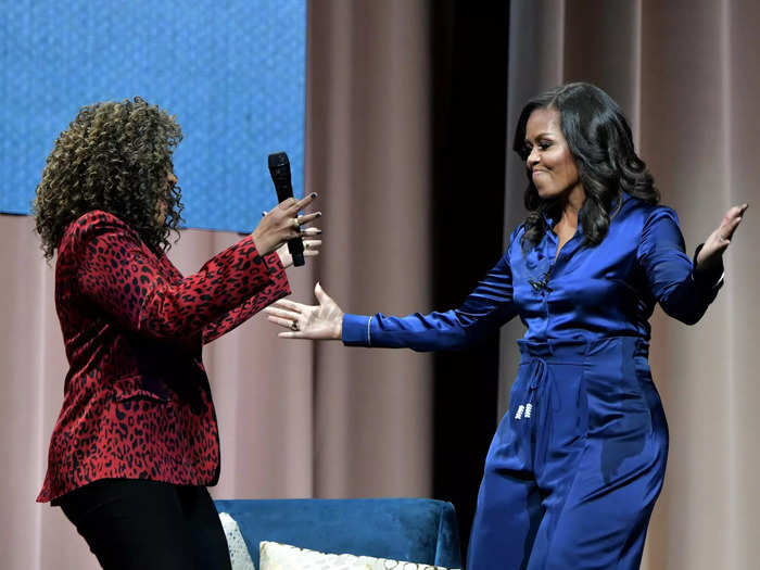 A few days later in Massachusetts, she switched things up with a deep-blue jumpsuit.