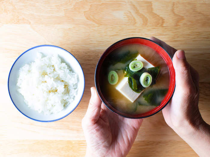 Miso soup with rice is high in protein and low in saturated fat