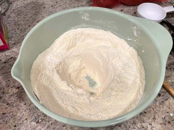 I threw my dry ingredients into a separate bowl, whisked them together, then made a well in the middle.