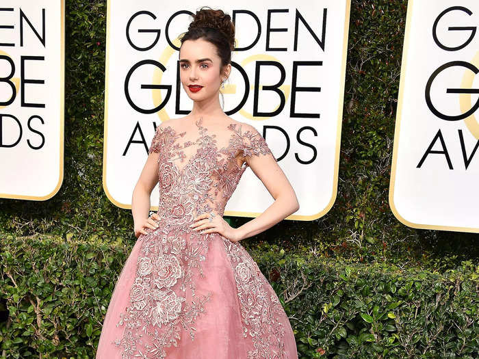 A Zuhair Murad gown with a sheer bodice helped Collins stand out at the Golden Globes in January 2017.