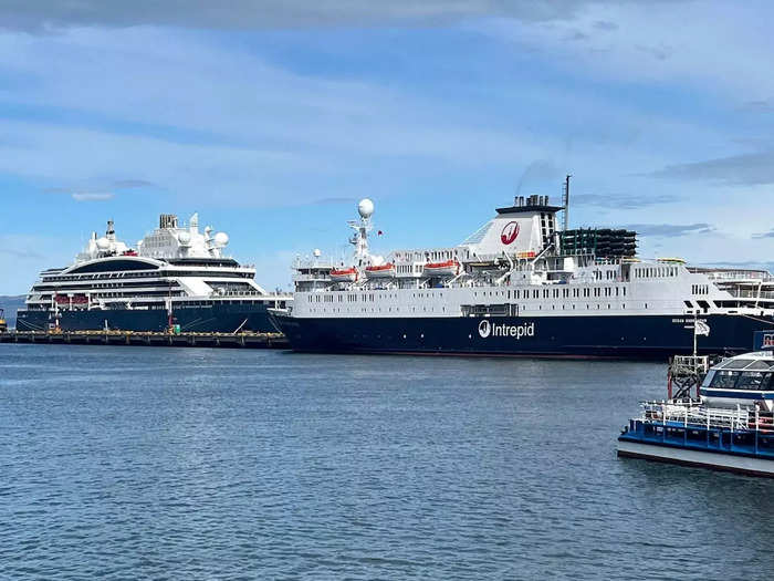 Arriving at the Ocean Endeavour, it was much bigger than it looked from afar but was dwarfed in comparison to the luxury vessel on the adjacent dock, where rates start at over $20,000 for a 12-night cruise in November 2023.