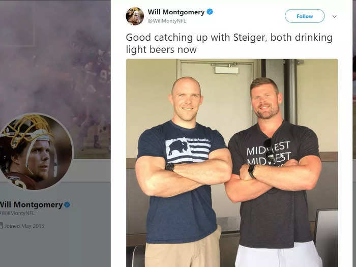 Montgomery now weighs 225 pounds — his lowest weight since high school — and has a 34-inch waist. He did it by cutting out sugars, no longer eating pasta and bread, and drinking more red wine and less beer (Montgomery is on the left).