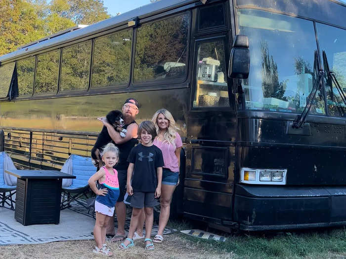 The Morris family, also known as "The Wanderlusters," travel full-time in a solar-powered Greyhound bus converted into a modern tiny home.