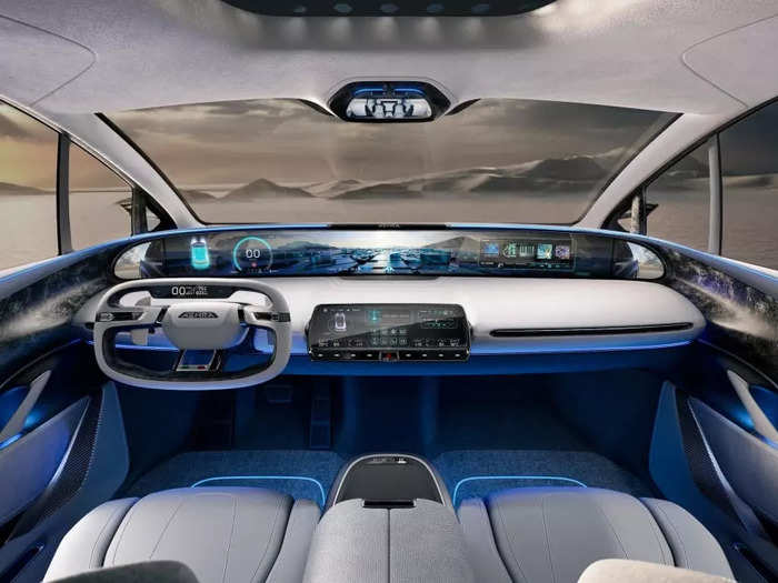 The car promises a dazzling array of screens, including two serving as virtual side-view mirrors and one stretching across the entire dashboard.