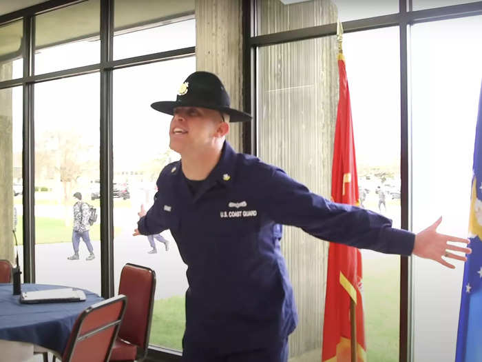 Coast Guard: New recruits endure lots of yelling and intensity, including when they sit down for lunch. Before they can eat, recruits are stopped by company commanders and must answer questions about the Coast Guard.