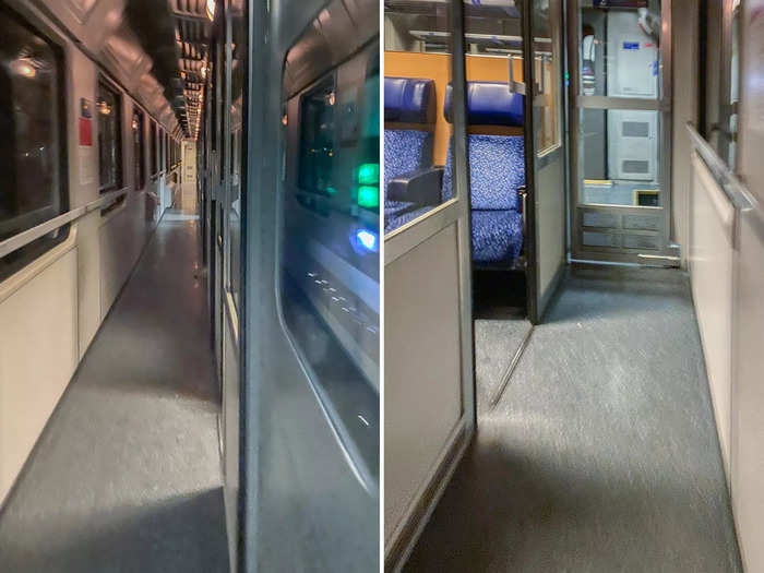 Inside the seating carriage sleeper cars, I saw narrow, dimly lit corridors that opened to small enclosed cabins with six seats in each.