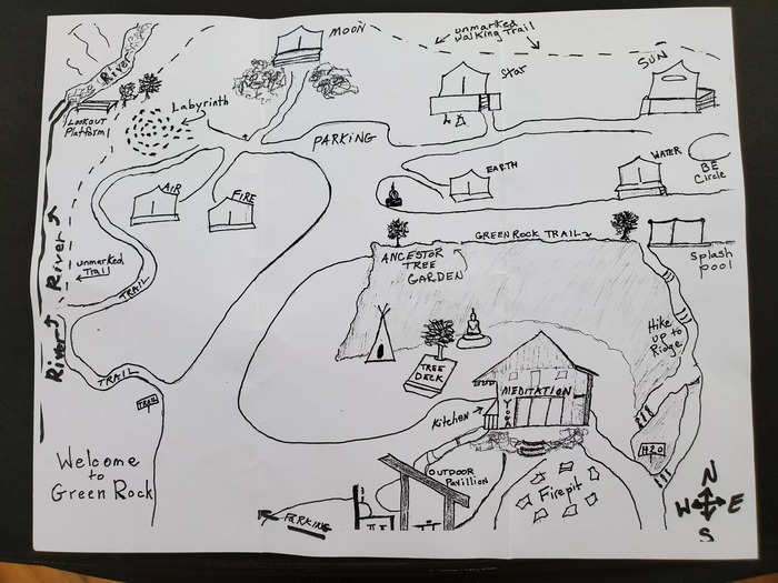 Junkin gave me a hand-drawn map of the 50-acre property, showing where I could find gardens, walking trails, the outdoor kitchen, and other amenities.