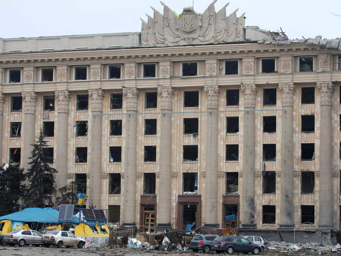 AFTER: Svobody Square — or Freedom Square — was hit by a Russian missile strike in early March, shattering windows and