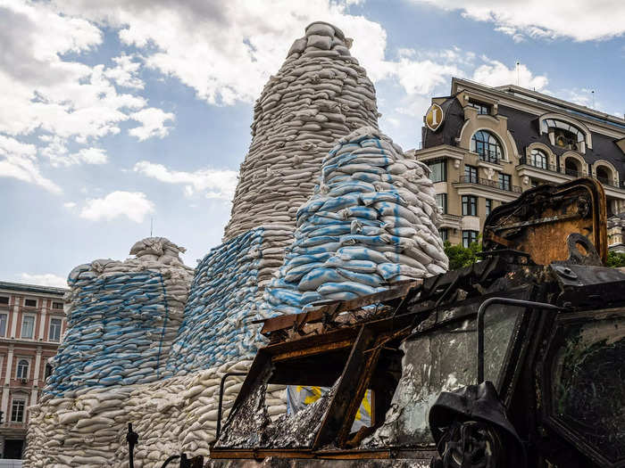 AFTER: Volunteers placed sandbags around the Princess Olga Monument to protect it from Russian attacks.