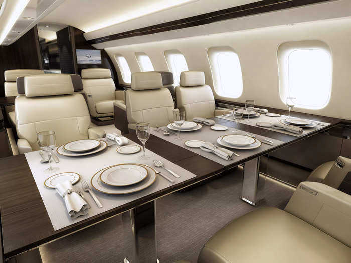 One of the most innovative features of the jet is its six-person dining area, which is created by fitting a leaf between the two sets of loungers and side tables.