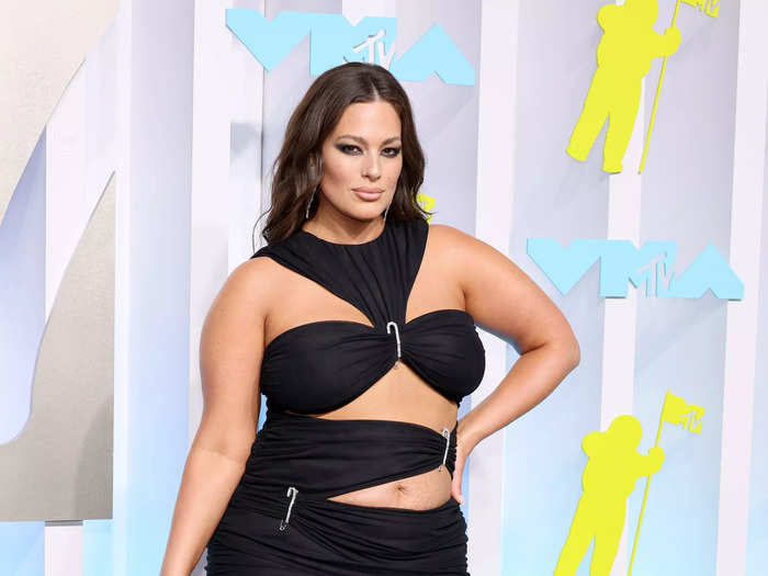 Ashley Graham attended the award show wearing a black ruched dress with bold cutouts.