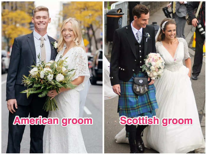 While grooms in the US usually wear a tuxedo or a suit, Scottish grooms tend to wear a traditional tartan kilt.