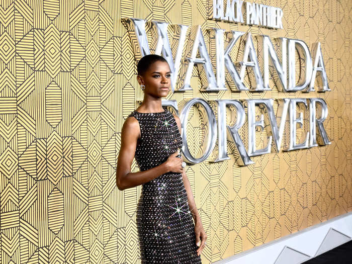 Letitia Wright looked powerful in custom Prada.