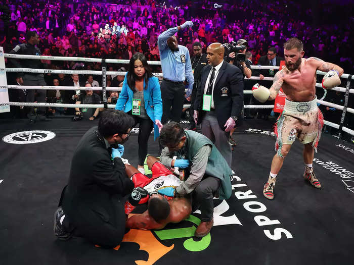 Caleb Plant pretended to shovel dirt on Anthony Dirrell after burying him with a brutal knockout.