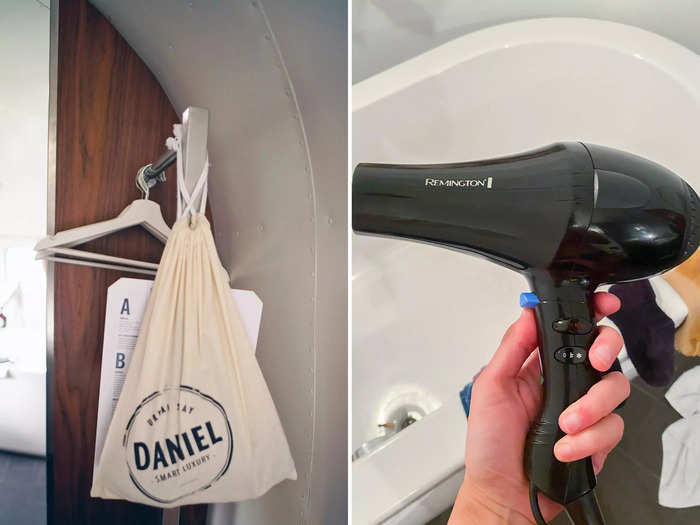 A hairdryer hung from a bag on the rack, which I used to dry my clothes after hand-washing them in the tub.