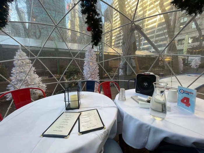 The domes included two tables, eight chairs, water, and a space heater. We had a server visit our dome to take our food and drink orders.