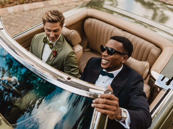 These two grooms were ready to ride off into the sunset in a vintage convertible.